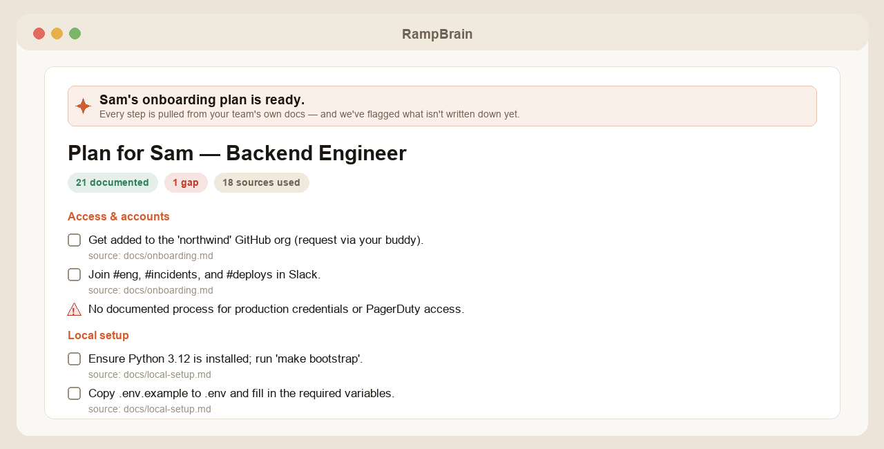 A RampBrain onboarding plan: sourced steps for a new backend engineer, with an undocumented gap flagged